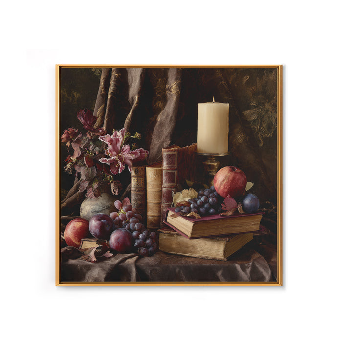 Still Life of Books Candle and Fruit Canvas Print, Traditional Art, Painting, Living Room Decor, Classic, Art Commissions, TRA-1x1-20
