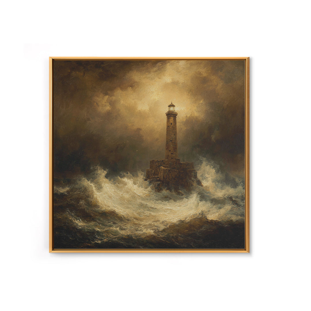 Lighthouse with Crashing Waves Framed Canvas Print, Traditional Art, Neutral Decor, Living Room Decor, Fine Art, Classic, TRA-1x1-21