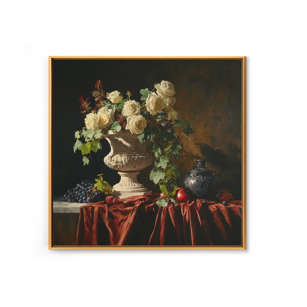 Garden Urn with Roses and Ivy Framed Canvas Print, Traditional Art, Indian Wall Art, Living Room Decor, Watercolor Art, Classic, TRA-1x1-24
