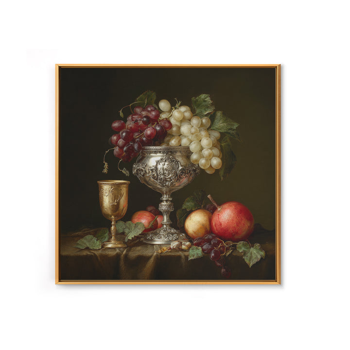 Dutch Fruit and Silver Goblet Still Life Framed Canvas Print, Traditional Art, Living Room Decor, Oil Painting, Classic, TRA-1x1-28