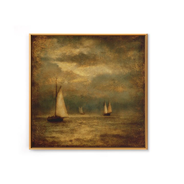 Seascape with Sailboats and Cloudy Sky Framed Canvas Print, Traditional Art, Textured Painting, Living Room Decor, Classic, TRA-1x1-29