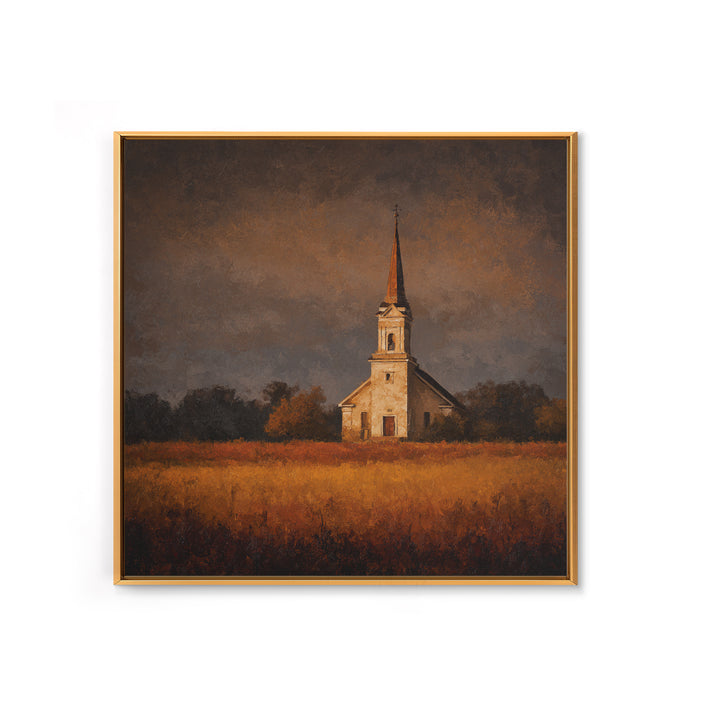 Church Steeple Across Rural Meadow Framed Canvas Print, Traditional Art, Boho Decor, Living Room Decor, Fine Art, Classic, TRA-1x1-37
