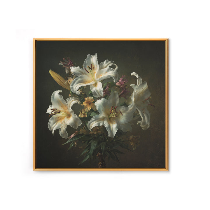 White Lilies on Dark Background Framed Canvas Print, Traditional Art, Custom Art, Living Room Decor, Fine Art, Classic, TRA-1x1-39
