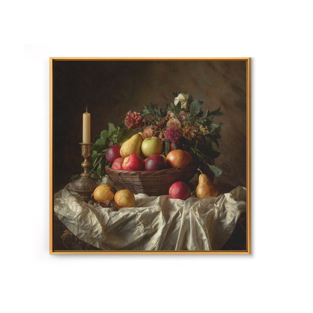 Basket of Apples and Pears on Linen Framed Canvas Print, Traditional Art, Landscape, Living Room Decor, Fine Art, Classic, TRA-1x1-42