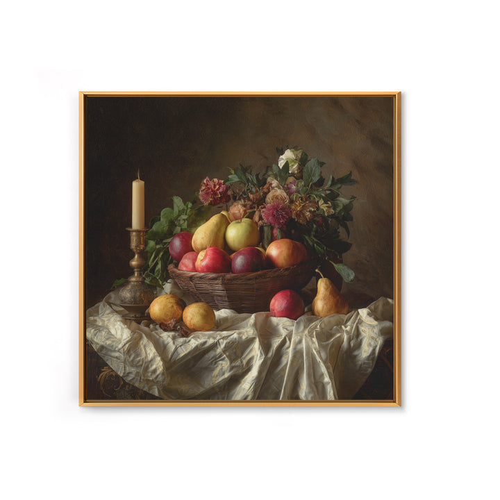 Basket of Apples and Pears on Linen Framed Canvas Print, Traditional Art, Landscape, Living Room Decor, Fine Art, Classic, TRA-1x1-42