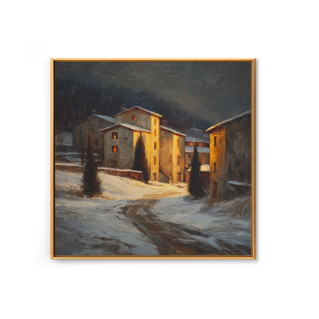 Snowy Village Landscape at Twilight Framed Canvas Print, Traditional Art, Furry Art, Living Room Decor, Fine Art, Classic, TRA-1x1-43