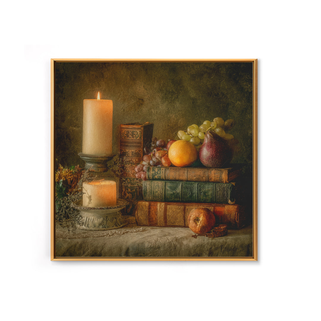 Still Life of Books Candle and Fruit Framed Canvas Print, Traditional Art, Boho, Living Room Decor, Fine Art, Classic, TRA-1x1-44