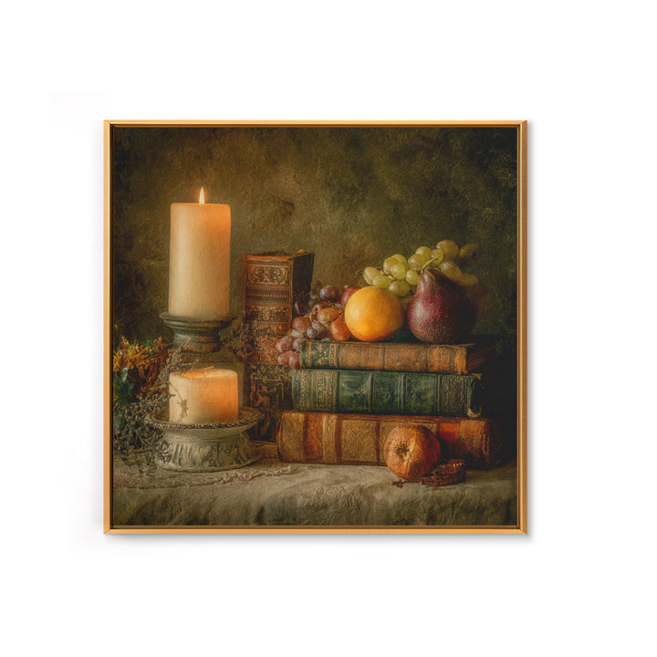 Still Life of Books Candle and Fruit Framed Canvas Print, Traditional Art, Boho, Living Room Decor, Fine Art, Classic, TRA-1x1-44