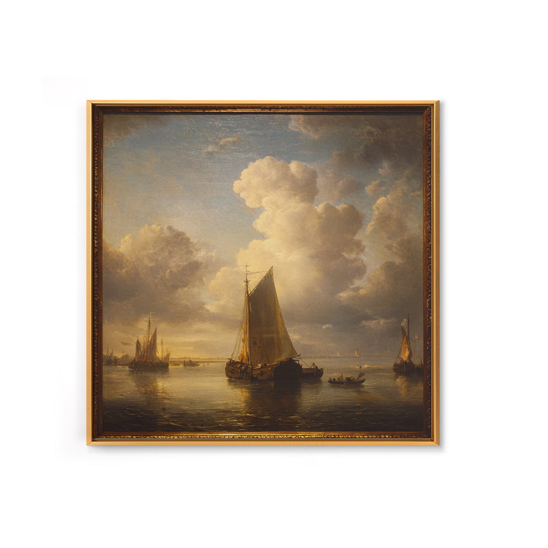 Seascape with Sailboats and Cloudy Sky Framed Canvas Print, Traditional Art, Textured Painting, Living Room Decor, Classic, TRA-1x1-53