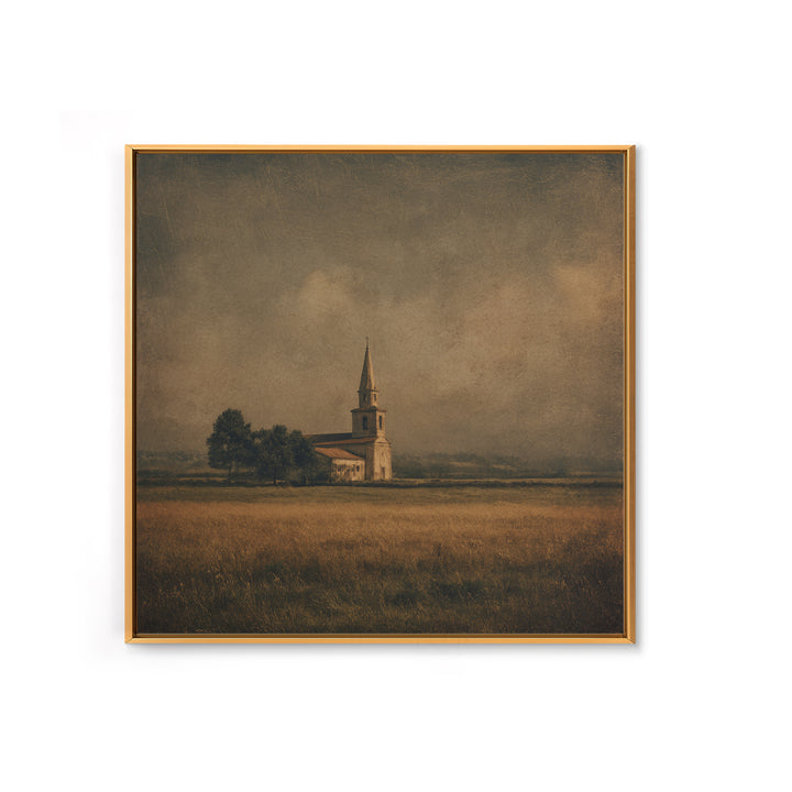Church Steeple Across Rural Meadow Framed Canvas Print, Traditional Art, Boho Decor, Living Room Decor, Fine Art, Classic, TRA-1x1-61