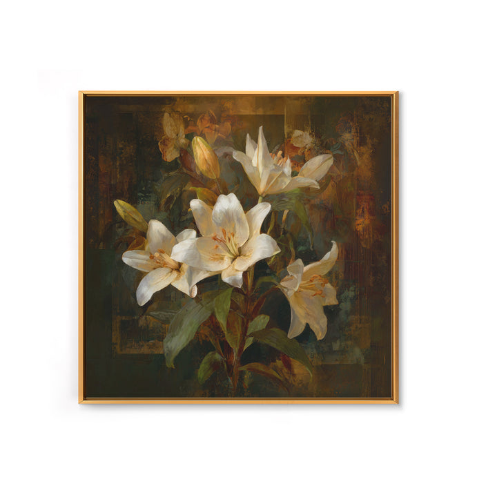 White Lilies on Dark Background Framed Canvas Print, Traditional Art, Neutral Decor, Living Room Decor, Fine Art, Classic, TRA-1x1-63