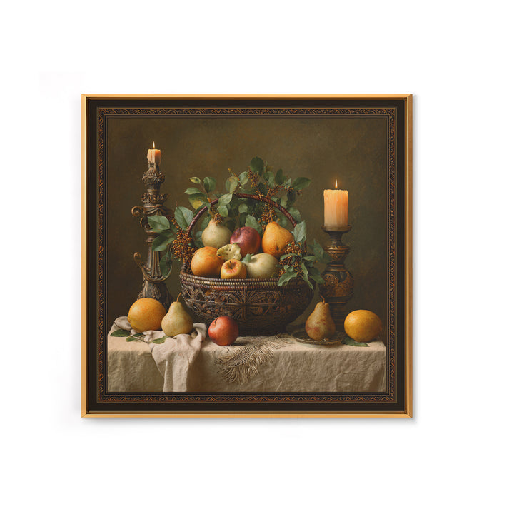 Basket of Apples and Pears on Linen Framed Canvas Print, Traditional Art, Landscape, Living Room Decor, Fine Art, Classic, TRA-1x1-66