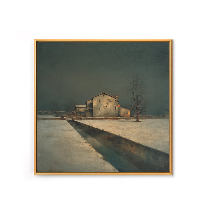 Snowy Village Landscape at Twilight Framed Canvas Print, Traditional Art, Modern Decor, Living Room Decor, Fine Art, Classic, TRA-1x1-67