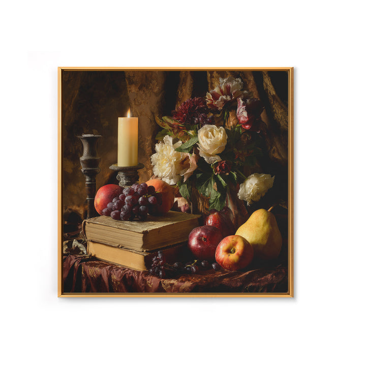 Still Life of Books Candle and Fruit Framed Canvas Print, Traditional Art, Watercolor Art, Living Room Decor, Fine Art, Classic, TRA-1x1-68
