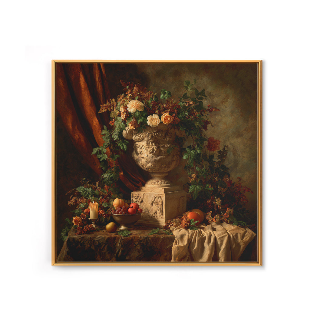 Garden Urn with Roses and Ivy Framed Canvas Print, Traditional Art, Landscape, Living Room Decor, Fine Art, Classic, TRA-1x1-72
