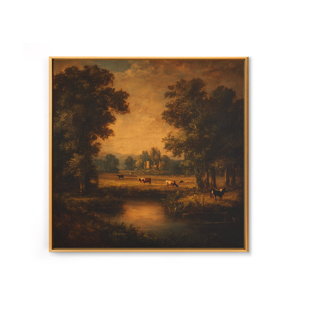 Pastoral Countryside with Cows in Field Framed Canvas Print, Traditional Art, Boho Decor, Living Room Decor, Oil Painting, TRA-1x1-79