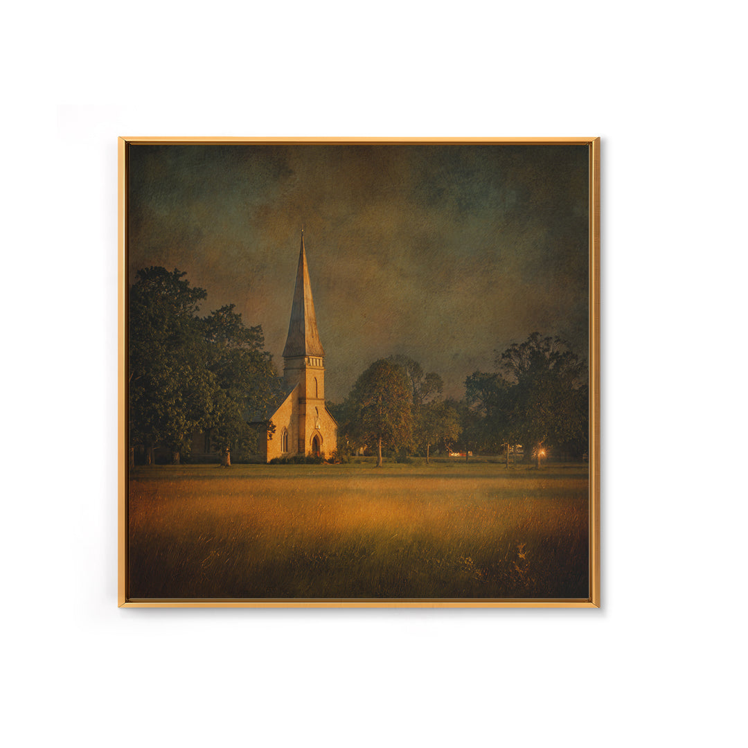 Church Steeple Across Rural Meadow Canvas Print, Traditional Art, Minimalist Decor, Living Room Decor, Oil Painting, Classic, TRA-1x1-85