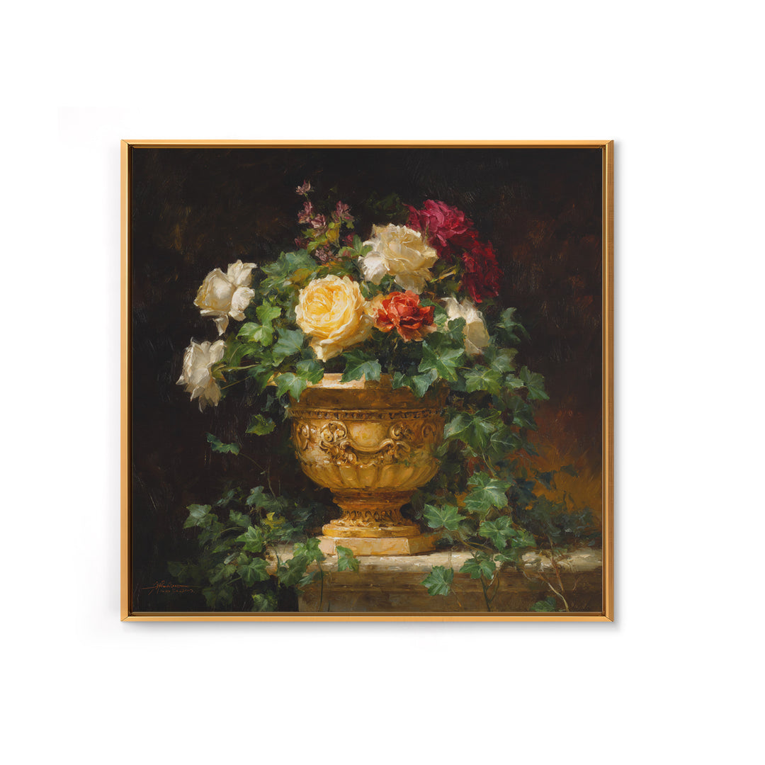 Garden Urn with Roses and Ivy Framed Canvas Print, Traditional Art, Decor, Living Room Decor, Fine Art, Classic, Japanese Art, TRA-1x1-96