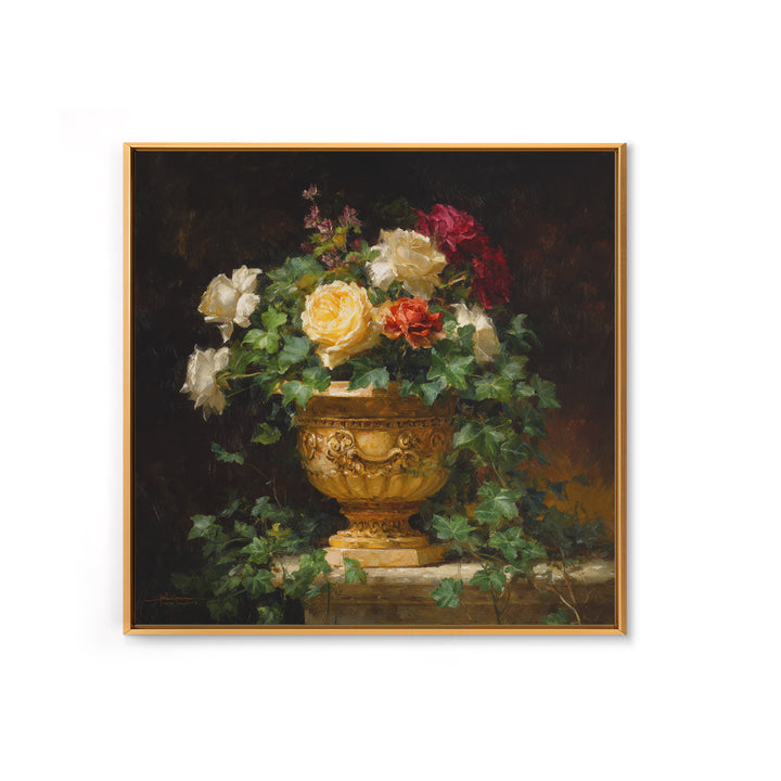 Garden Urn with Roses and Ivy Framed Canvas Print, Traditional Art, Decor, Living Room Decor, Fine Art, Classic, Japanese Art, TRA-1x1-96