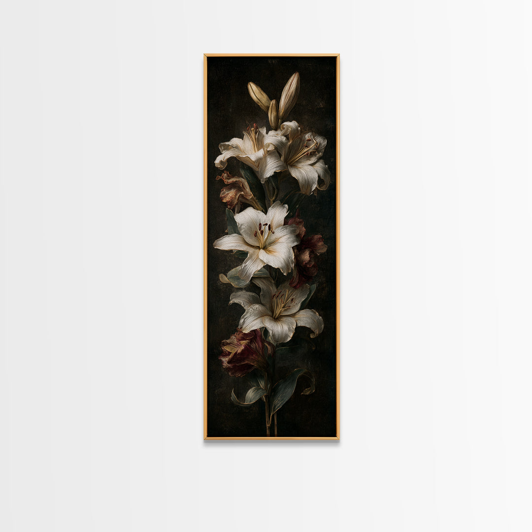White Lilies on Dark Background Canvas Print, Traditional Art, Digital Print, Living Room Decor, Oil Painting, Classic, TRA-1x3-27