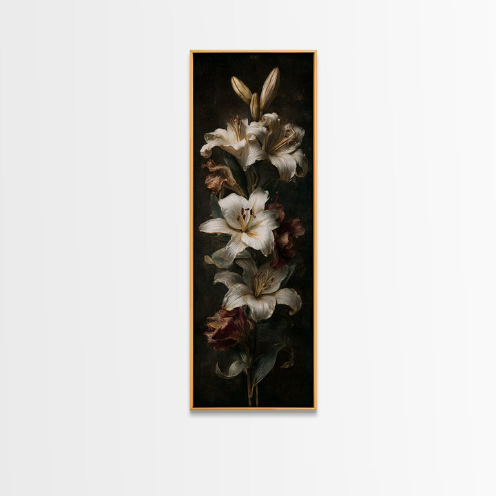 White Lilies on Dark Background Canvas Print, Traditional Art, Digital Print, Living Room Decor, Oil Painting, Classic, TRA-1x3-27