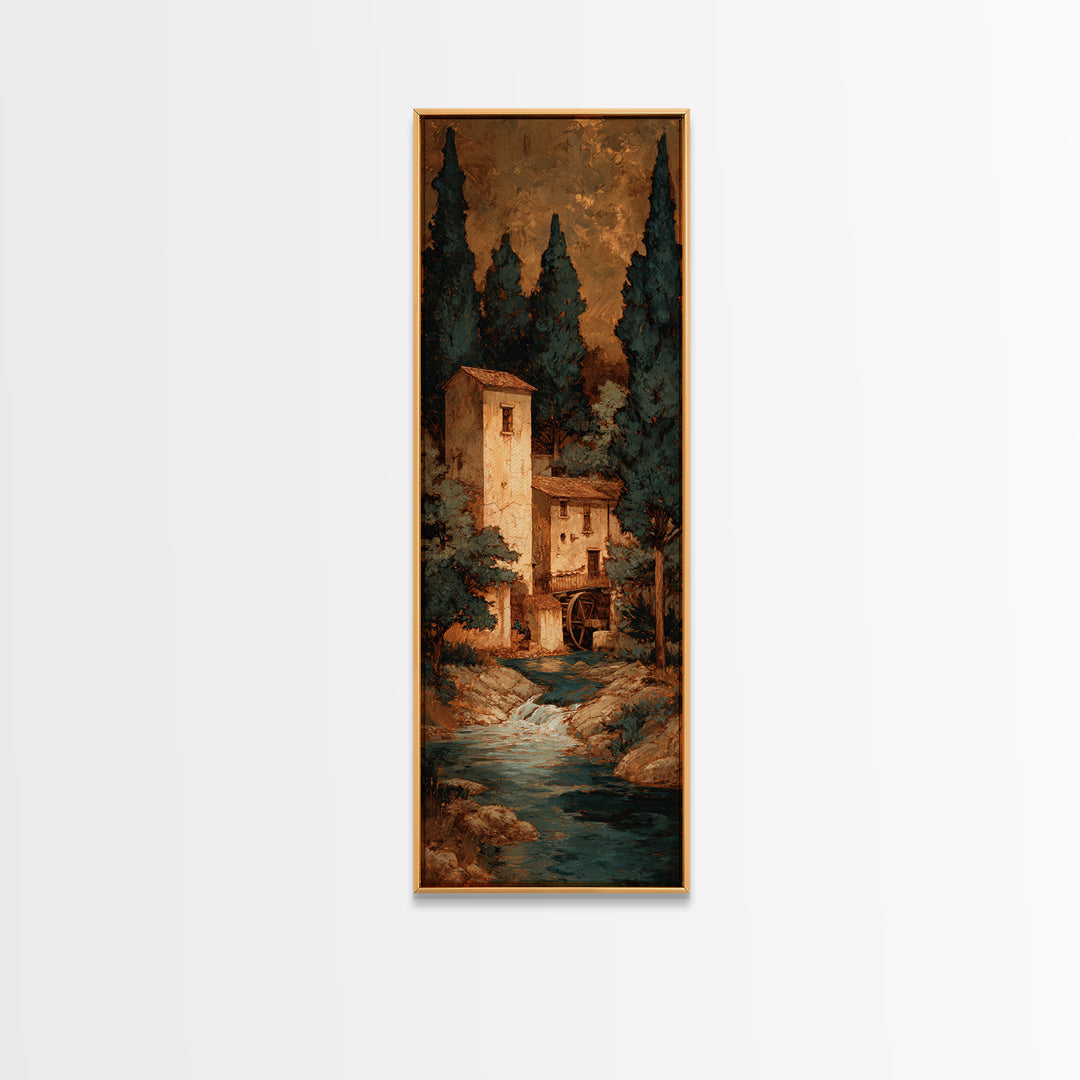 Watermill Beside a Quiet Stream Framed Canvas Print, Traditional Art, Textured Painting, Living Room Decor, Fine Art, Classic, TRA-1x3-29