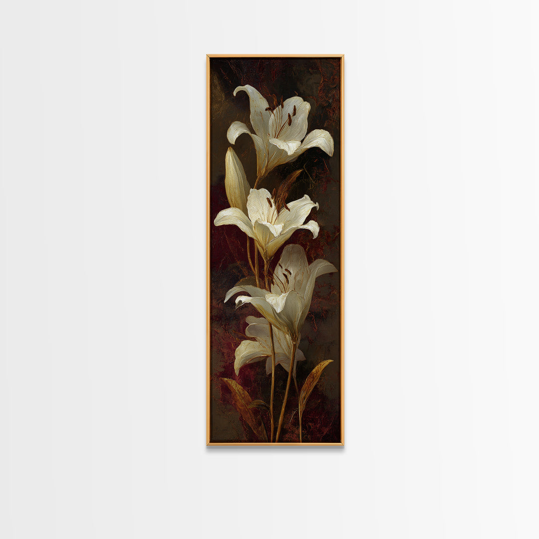 White Lilies on Dark Background Framed Canvas Print, Traditional Art, Canvas, Living Room Decor, Watercolor Art, Classic, TRA-1x3-3