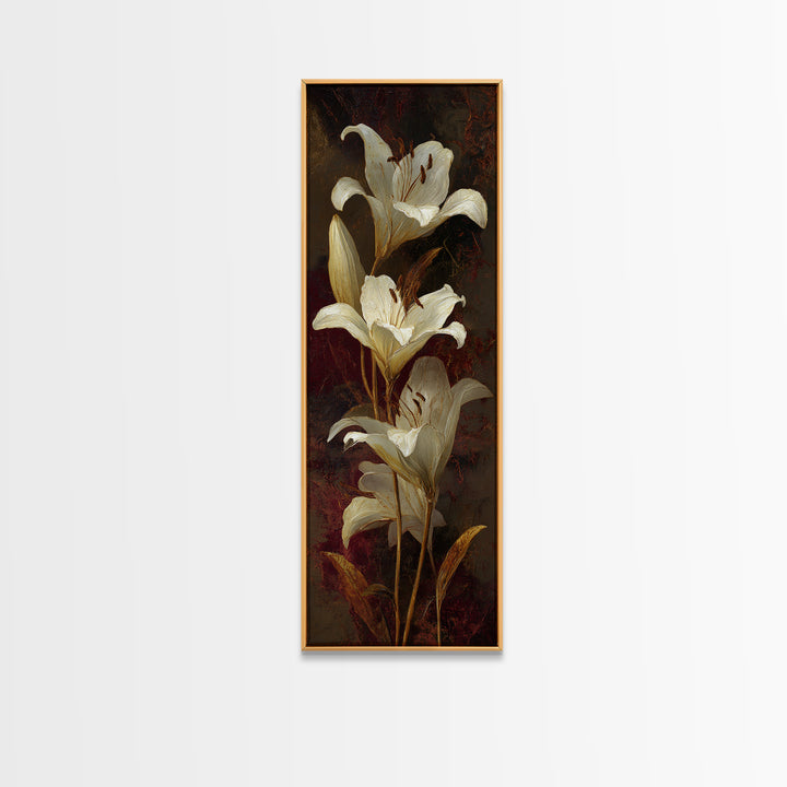 White Lilies on Dark Background Framed Canvas Print, Traditional Art, Canvas, Living Room Decor, Watercolor Art, Classic, TRA-1x3-3