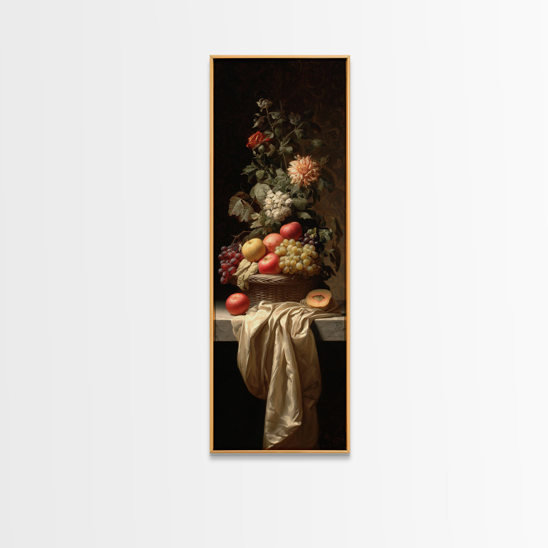 Basket of Apples and Pears on Linen Framed Canvas Print, Traditional Art, Dark Art, Living Room Decor, Abstract Art, Classic, TRA-1x3-30