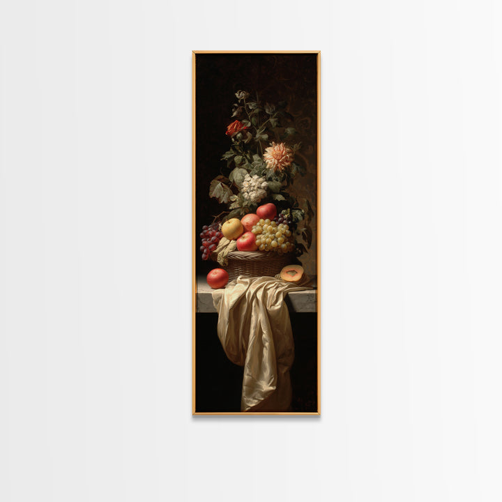 Basket of Apples and Pears on Linen Framed Canvas Print, Traditional Art, Dark Art, Living Room Decor, Abstract Art, Classic, TRA-1x3-30