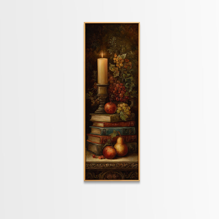 Still Life of Books Candle and Fruit Canvas Print, Traditional Art, Painting, Living Room Decor, Classic, Art Commissions, TRA-1x3-32