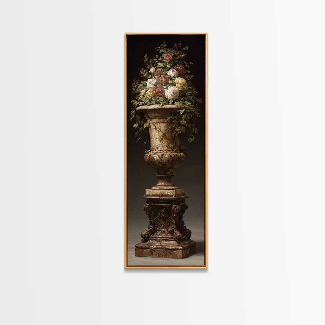 Garden Urn with Roses and Ivy Framed Canvas Print, Traditional Art, Decor, Living Room Decor, Fine Art, Classic, Japanese Art, TRA-1x3-36