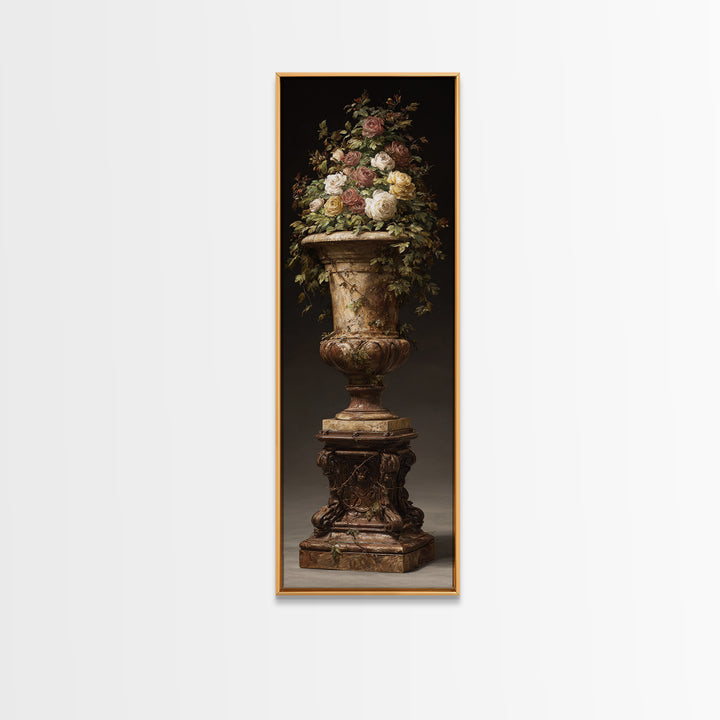 Garden Urn with Roses and Ivy Framed Canvas Print, Traditional Art, Decor, Living Room Decor, Fine Art, Classic, Japanese Art, TRA-1x3-36