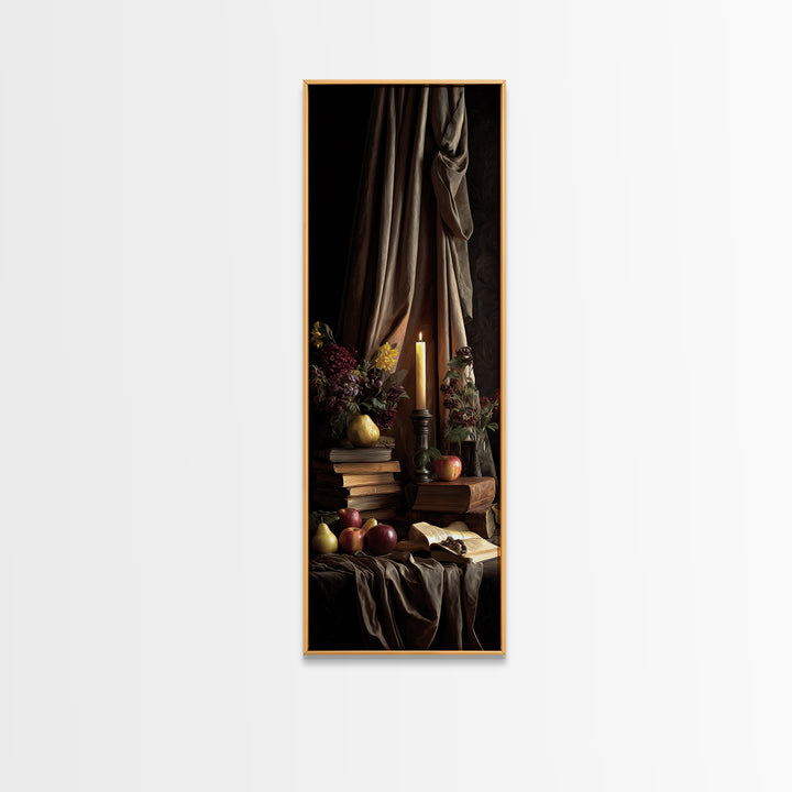 Still Life of Books Candle and Fruit Canvas Print, Traditional Art, Living Room Decor, Classic, Dark Art, Pokemon Poster, TRA-1x3-56
