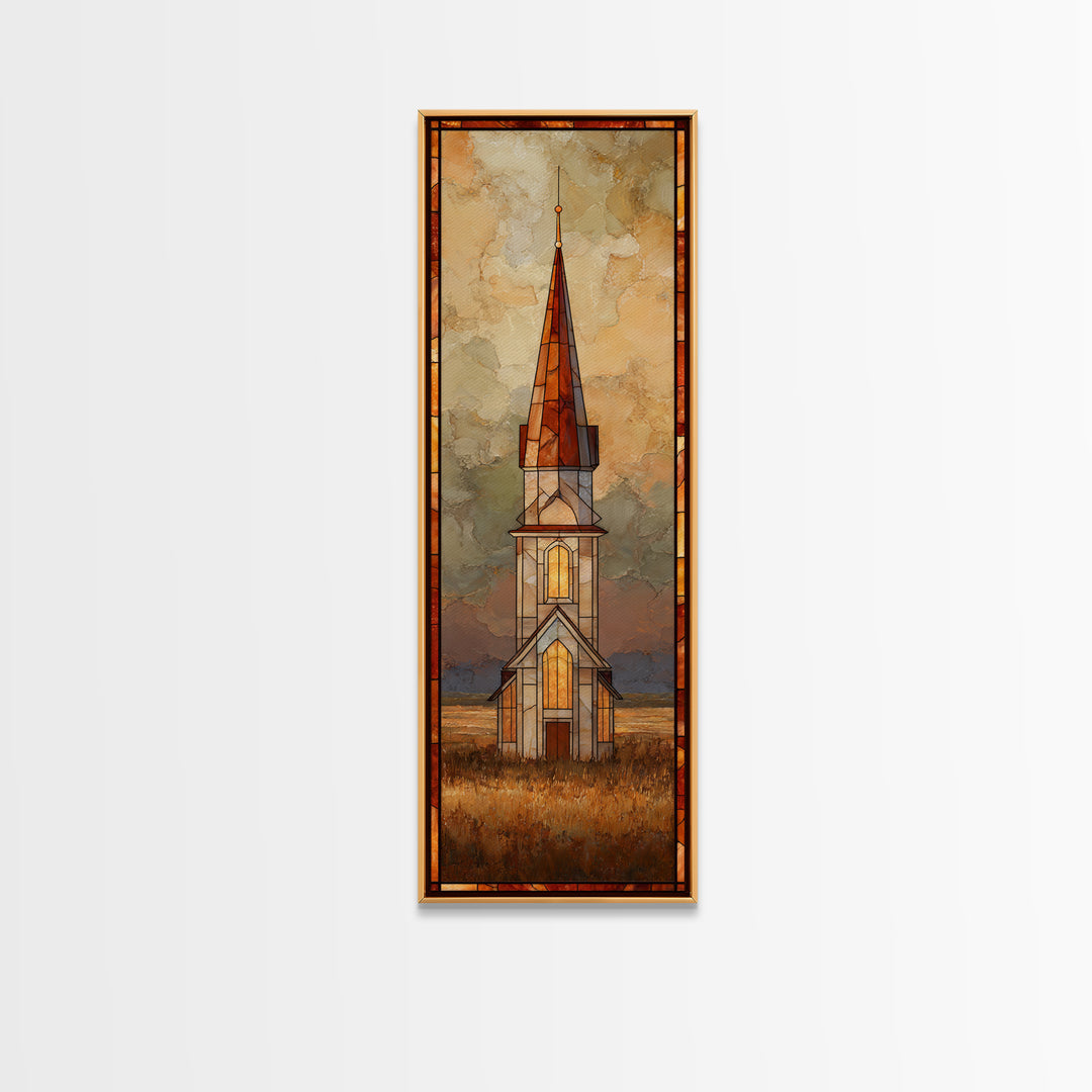 Church Steeple Across Rural Meadow Canvas Print, Traditional Art, Artwork, Living Room Decor, Oil Painting, Classic, TRA-1x3-73