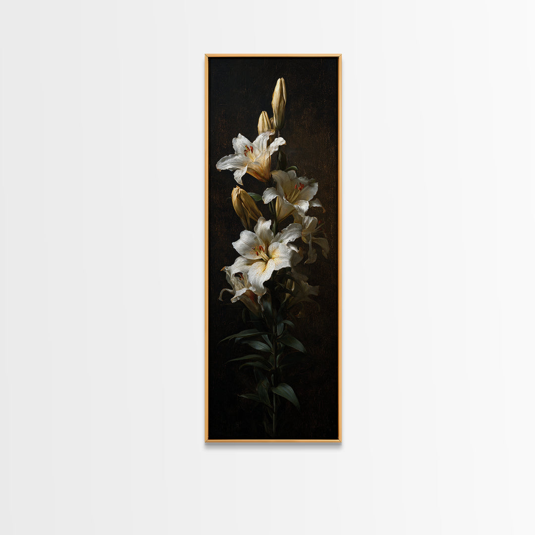 White Lilies on Dark Background Framed Canvas Print, Traditional Art, Neutral Decor, Living Room Decor, Fine Art, Classic, TRA-1x3-75