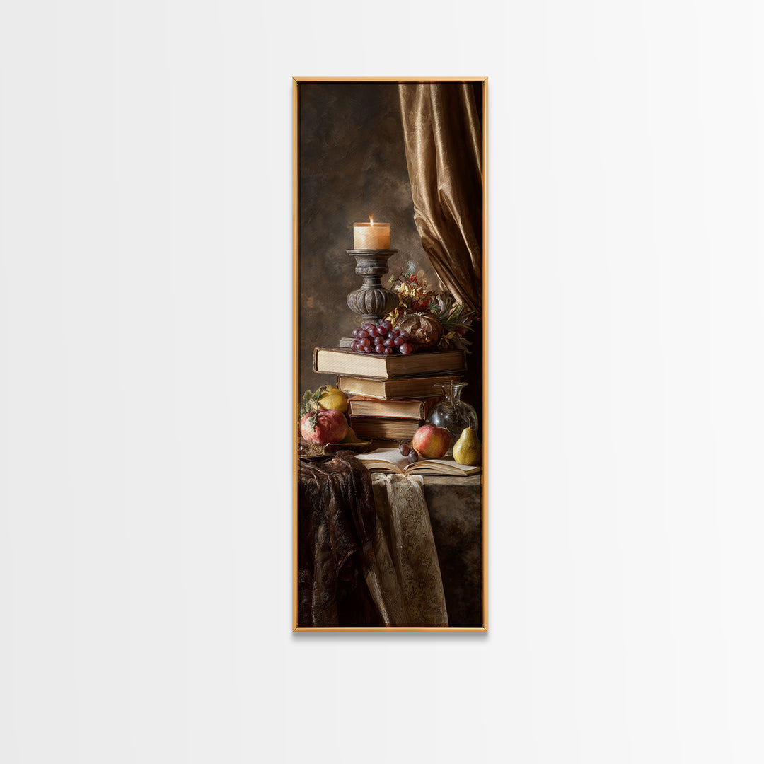 Still Life of Books Candle and Fruit Framed Canvas Print, Traditional Art, Contemporary Art, Living Room Decor, Classic, TRA-1x3-8