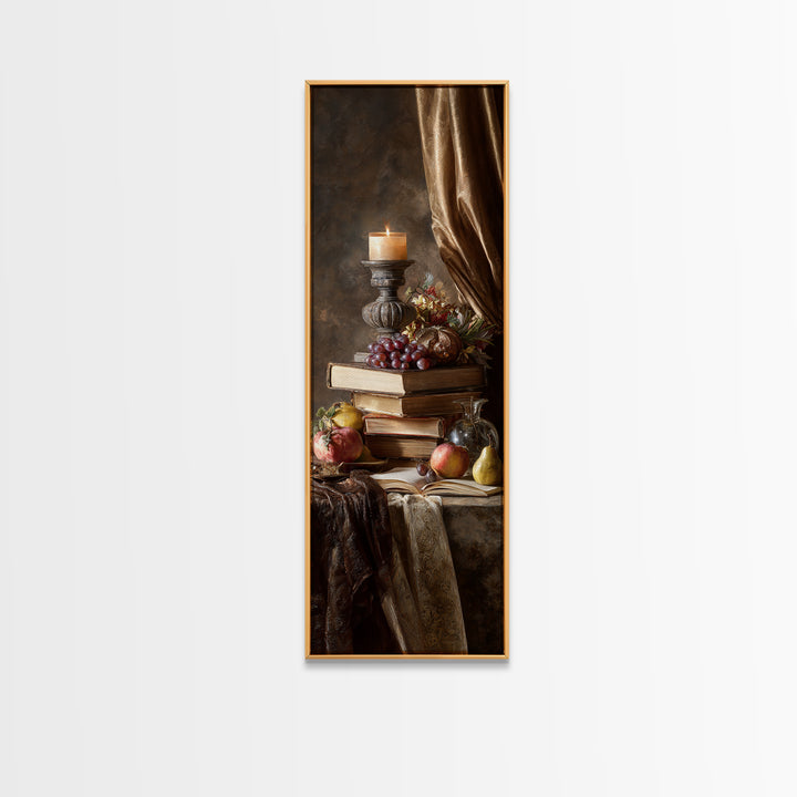 Still Life of Books Candle and Fruit Framed Canvas Print, Traditional Art, Contemporary Art, Living Room Decor, Classic, TRA-1x3-8