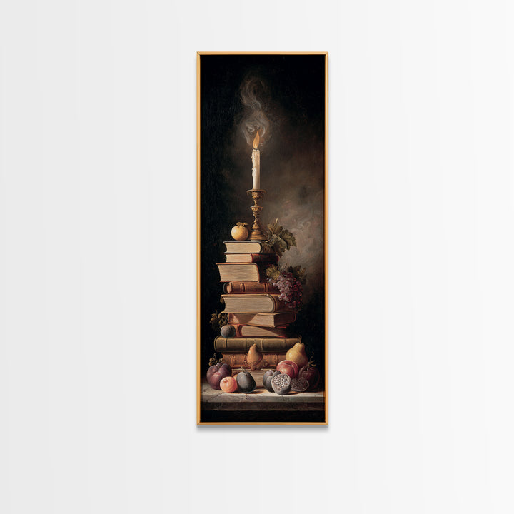 Still Life of Books Candle and Fruit Framed Canvas Print, Traditional Art, Watercolor Art, Living Room Decor, Fine Art, Classic, TRA-1x3-80