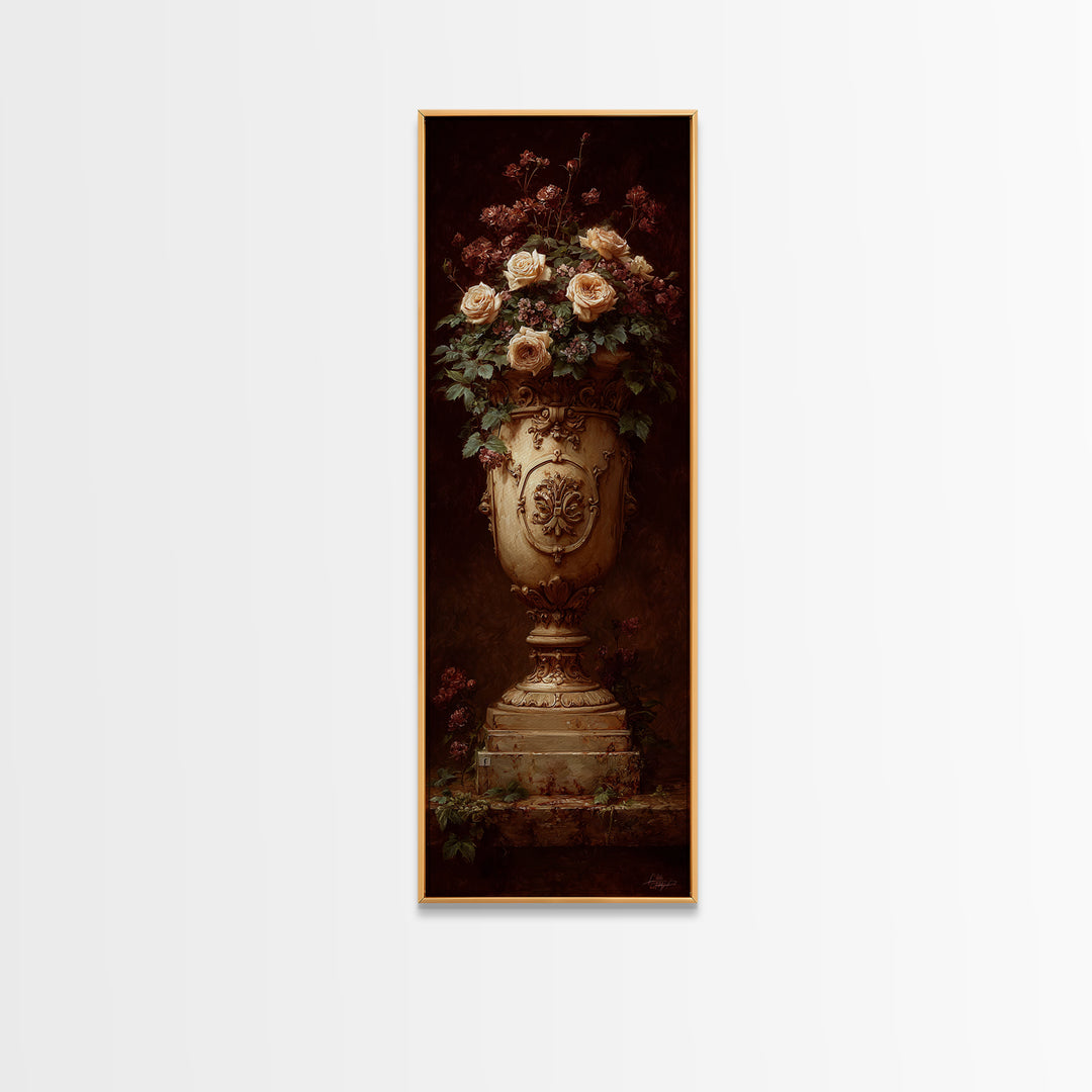 Garden Urn with Roses and Ivy Framed Canvas Print, Traditional Art, Art Commissions, Living Room Decor, Oil Painting, Classic, TRA-1x3-84