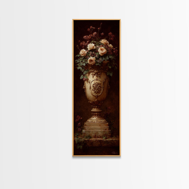 Garden Urn with Roses and Ivy Framed Canvas Print, Traditional Art, Art Commissions, Living Room Decor, Oil Painting, Classic, TRA-1x3-84