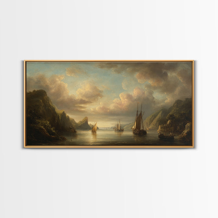 Seascape with Sailboats and Cloudy Sky Framed Canvas Print, Traditional Art, Digital Art, Living Room Decor, Fine Art, Classic, TRA-2x1-1