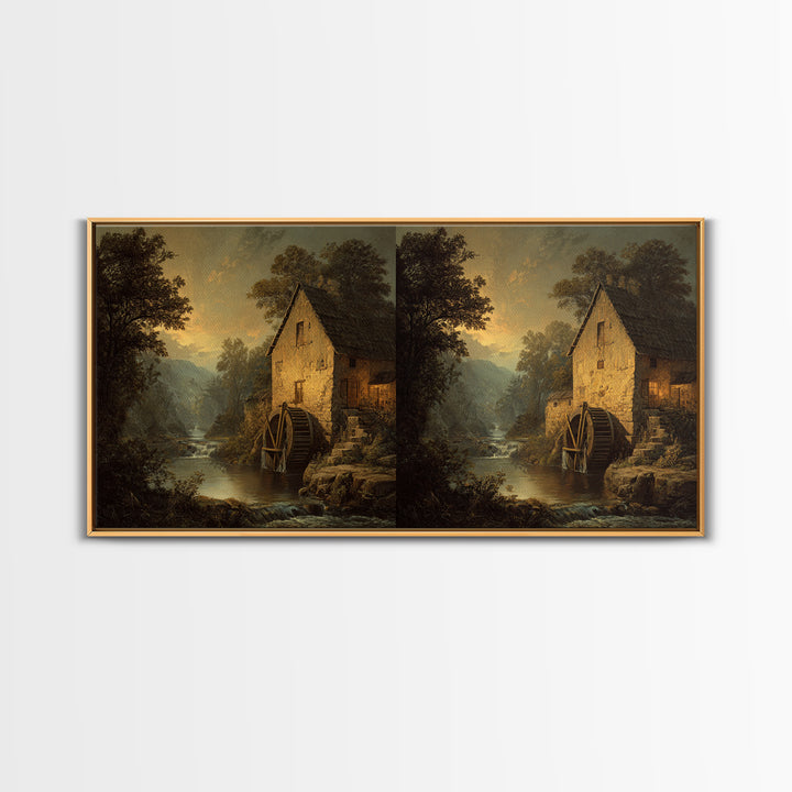 Watermill Beside a Quiet Stream Framed Canvas Print, Traditional Art, Painting, Living Room Decor, Fine Art, Classic, TRA-2x1-13