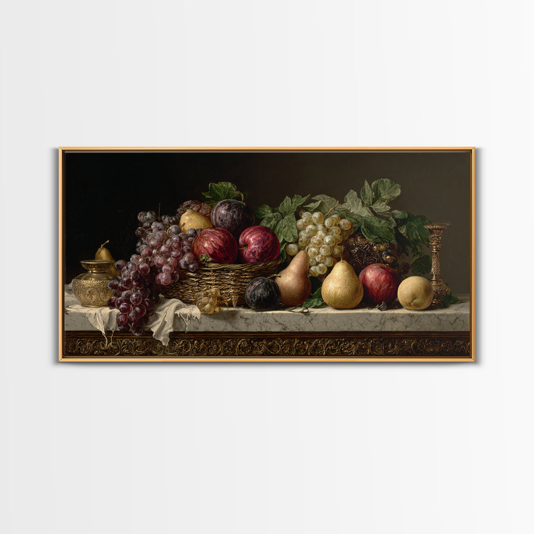 Basket of Apples and Pears on Linen Framed Canvas Print, Traditional Art, Luxury Decor, Living Room Decor, Abstract Art, TRA-2x1-14