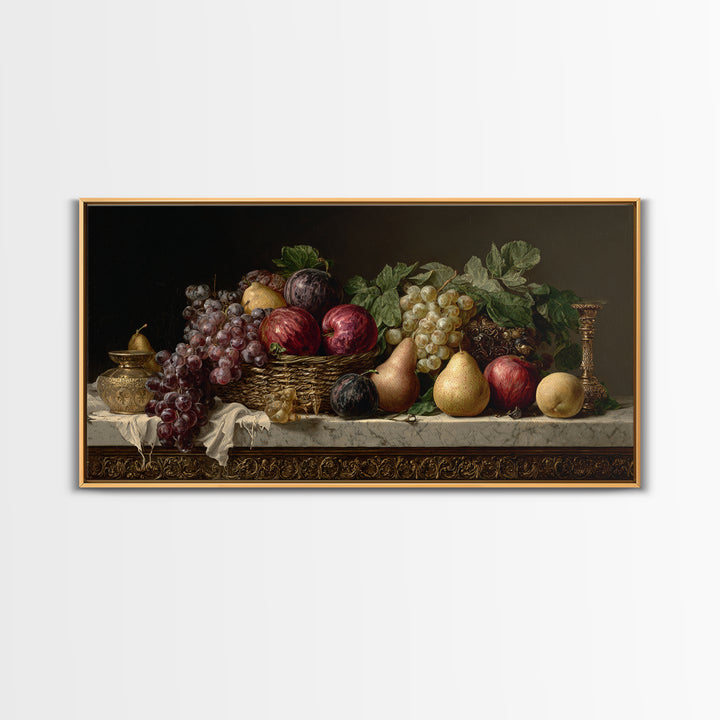 Basket of Apples and Pears on Linen Framed Canvas Print, Traditional Art, Luxury Decor, Living Room Decor, Abstract Art, TRA-2x1-14