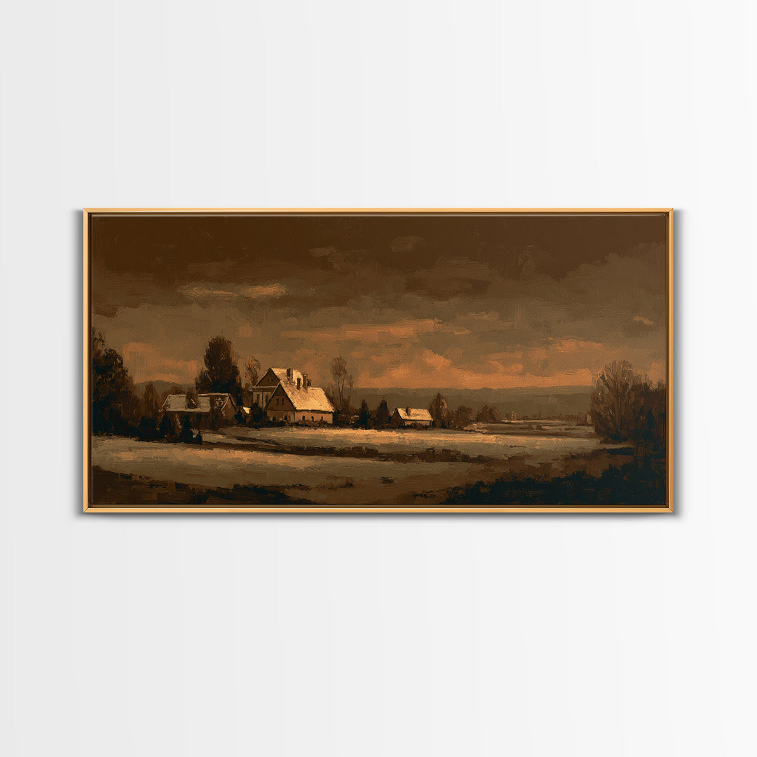 Snowy Village Landscape at Twilight Framed Canvas Print, Traditional Art, Living Room Decor, Watercolor Art, Classic, TRA-2x1-15