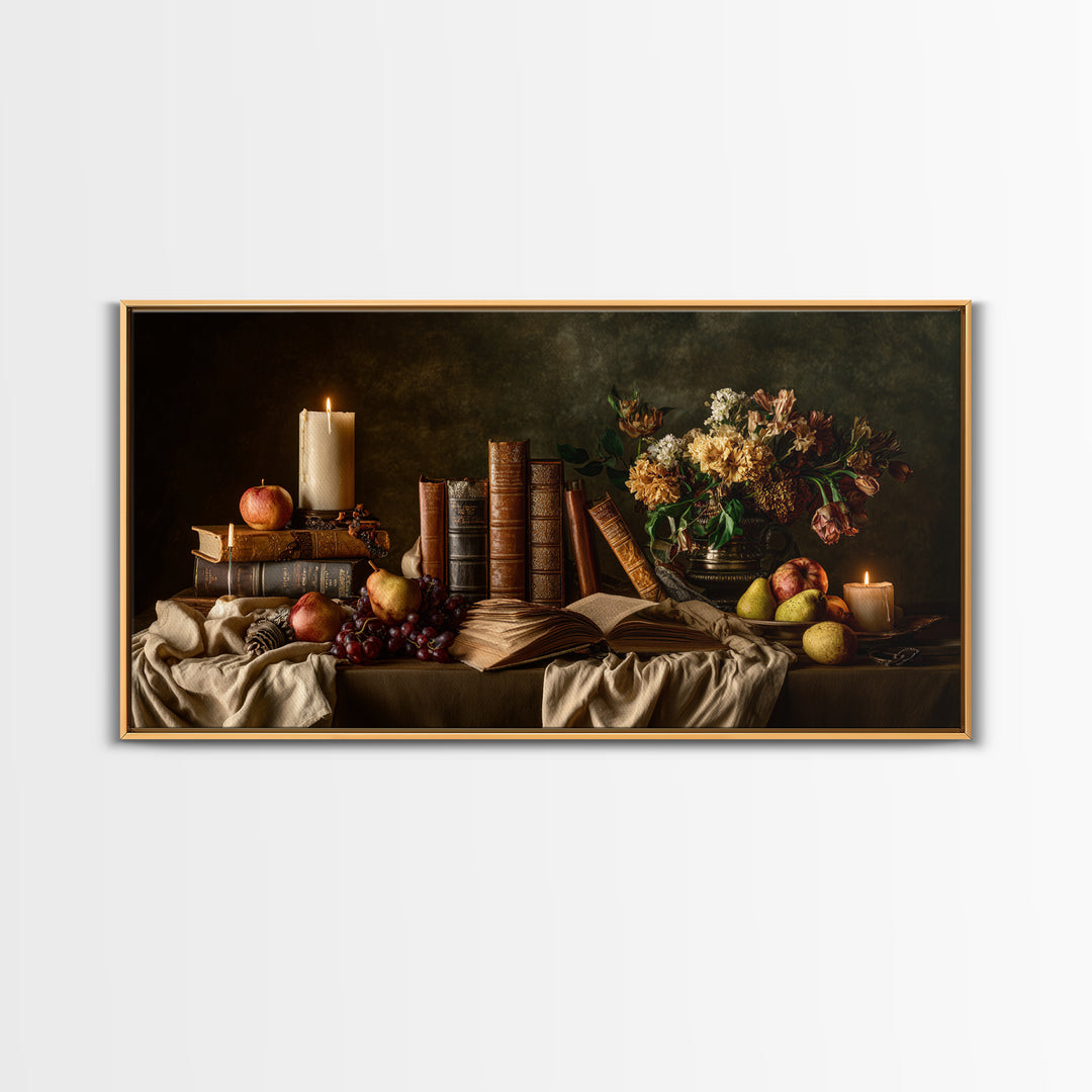 Still Life of Books Candle and Fruit Framed Canvas Print, Traditional Art, Fine Art Print, Living Room Decor, Fine Art, Classic, TRA-2x1-16