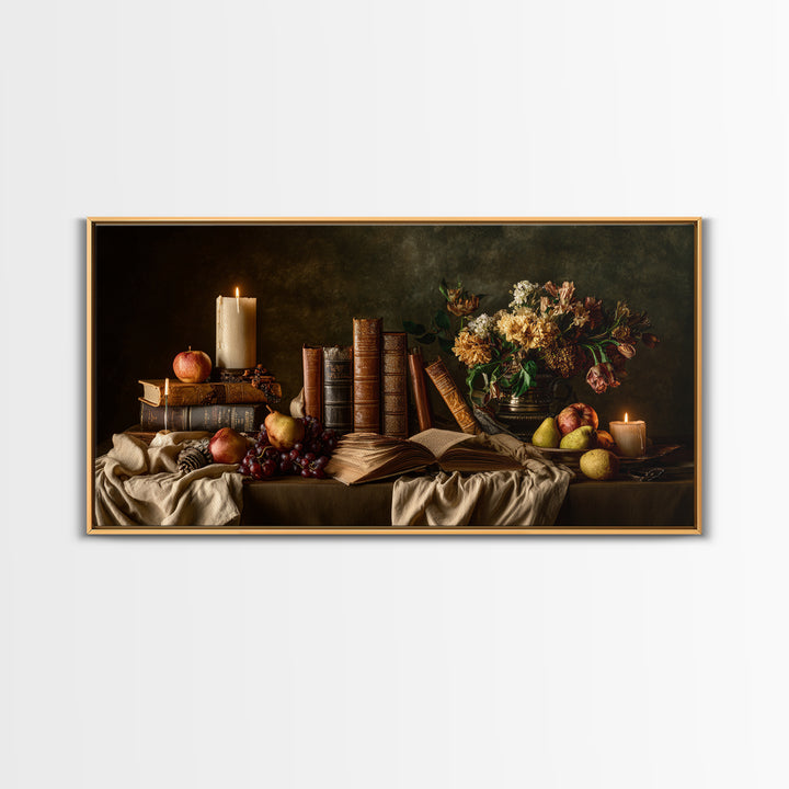 Still Life of Books Candle and Fruit Framed Canvas Print, Traditional Art, Fine Art Print, Living Room Decor, Fine Art, Classic, TRA-2x1-16
