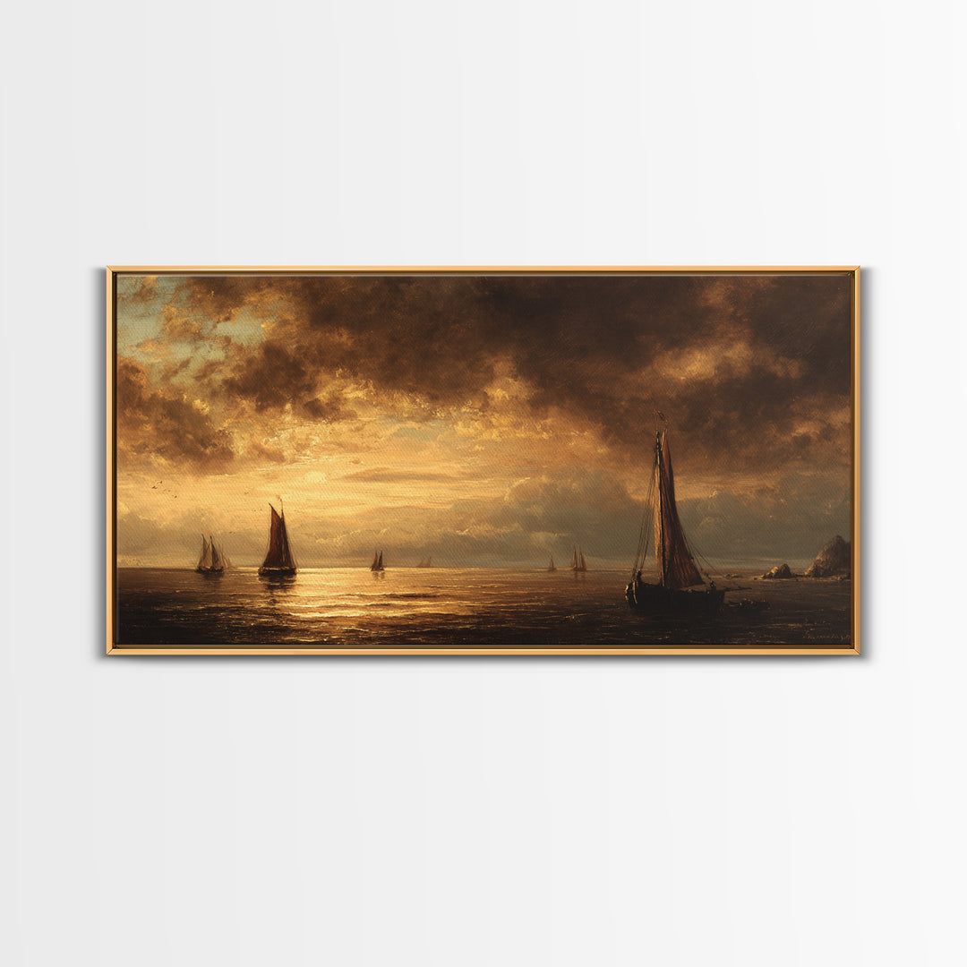 Seascape with Sailboats and Cloudy Sky Framed Canvas Print, Traditional Art, Digital Art, Living Room Decor, Fine Art, Classic, TRA-2x1-25