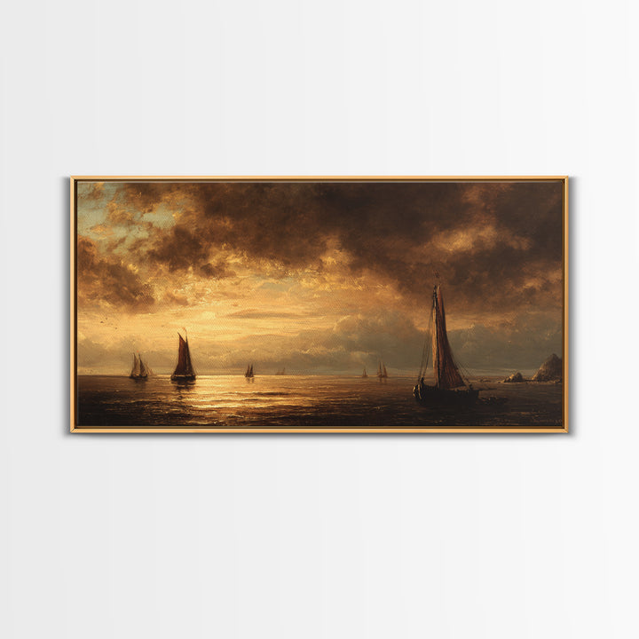 Seascape with Sailboats and Cloudy Sky Framed Canvas Print, Traditional Art, Digital Art, Living Room Decor, Fine Art, Classic, TRA-2x1-25